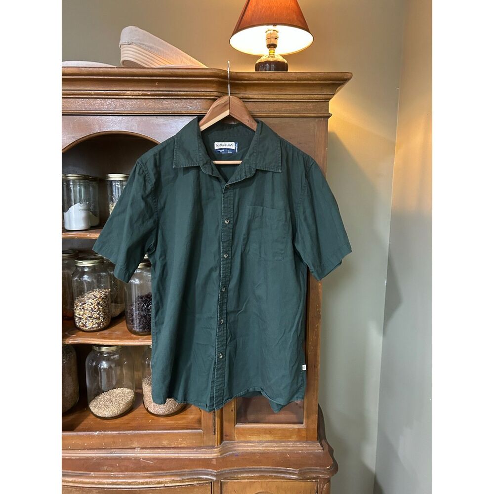 Mens L Magellan Dark Green 100% Cotton Short Sleeve Button Down